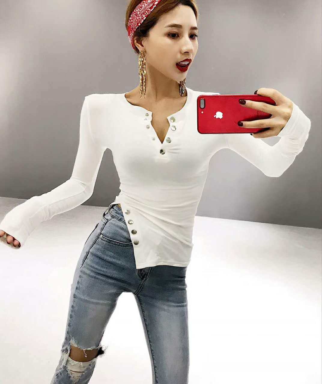 2018韩版秋季新款半开领修身显瘦长袖打底衫女韩范开叉上衣t恤 - cat