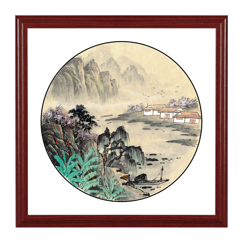 国画春夏秋冬山水画办公室靠山客厅宾馆玄关圆形斗方国画