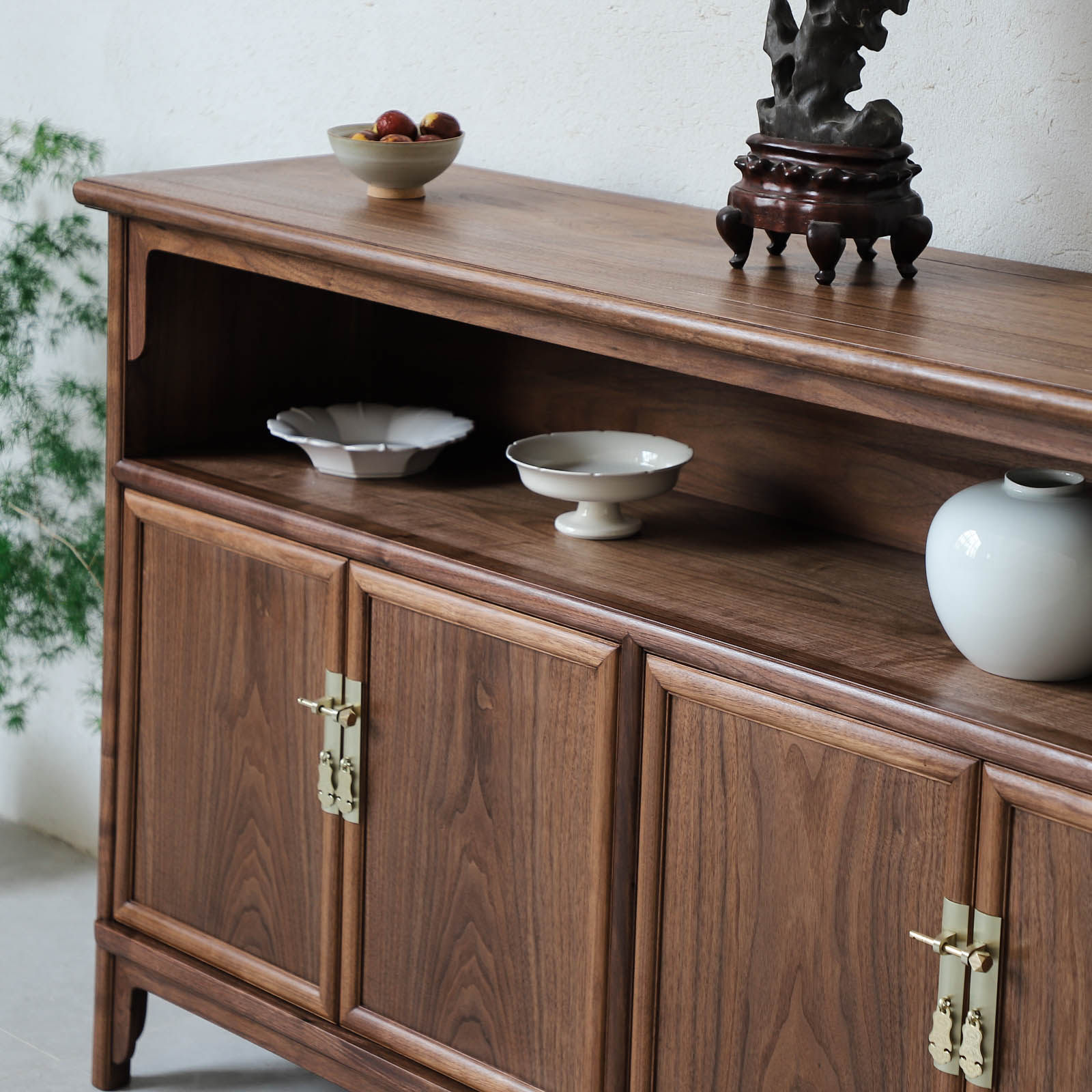 现代中式实木餐边柜禅意胡桃储物柜边柜明式摆设餐边柜