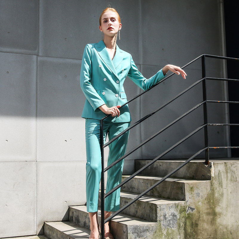 蒂芙尼蓝色西服套装贵族气质大气时尚双排扣修身西装套装女