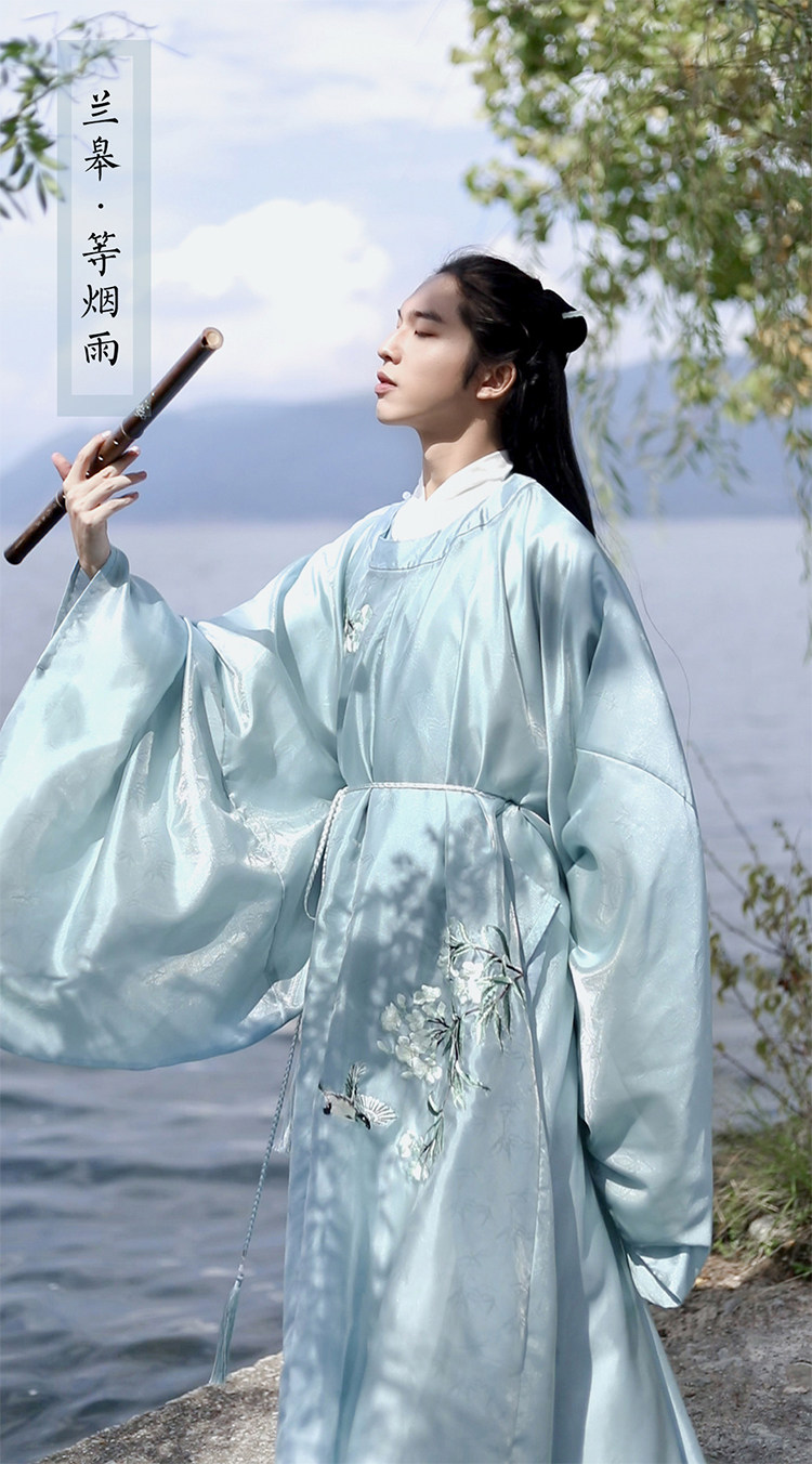 汉服兰皋明制刺绣男款圆领夹竹桃花鸟绣花烟雨汉服