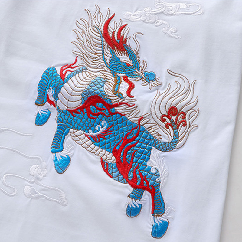 夏季新款男装中国风麒麟刺绣短袖t恤男大码半袖体恤社会青年上衣