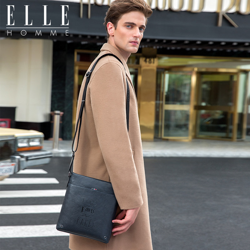 elle青年牛皮包头日字休闲时尚homme包青年单肩商务男士包袋