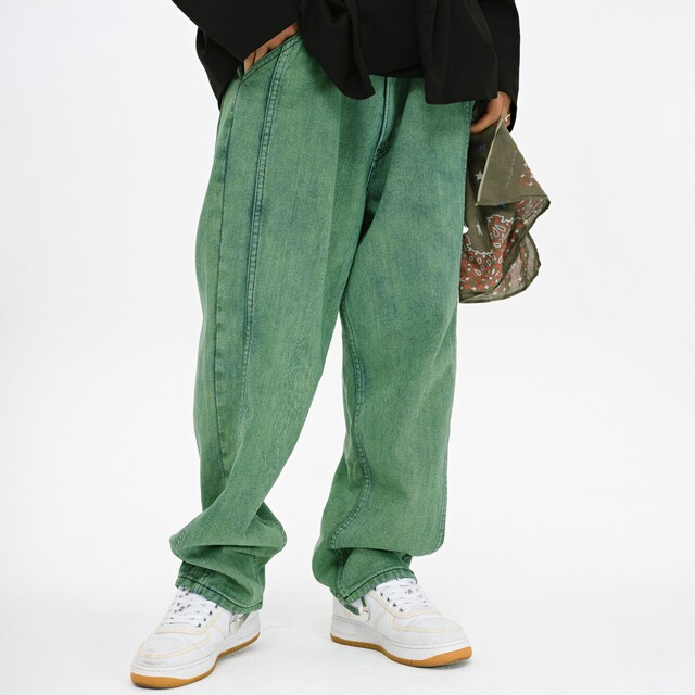 Evilklight national trend green wash fried hip hop loose casual heavyweight straight pants EK jeans men Evilklight national trend green wash fried hip hop loose casual heavyweight straight pants EK jeans men