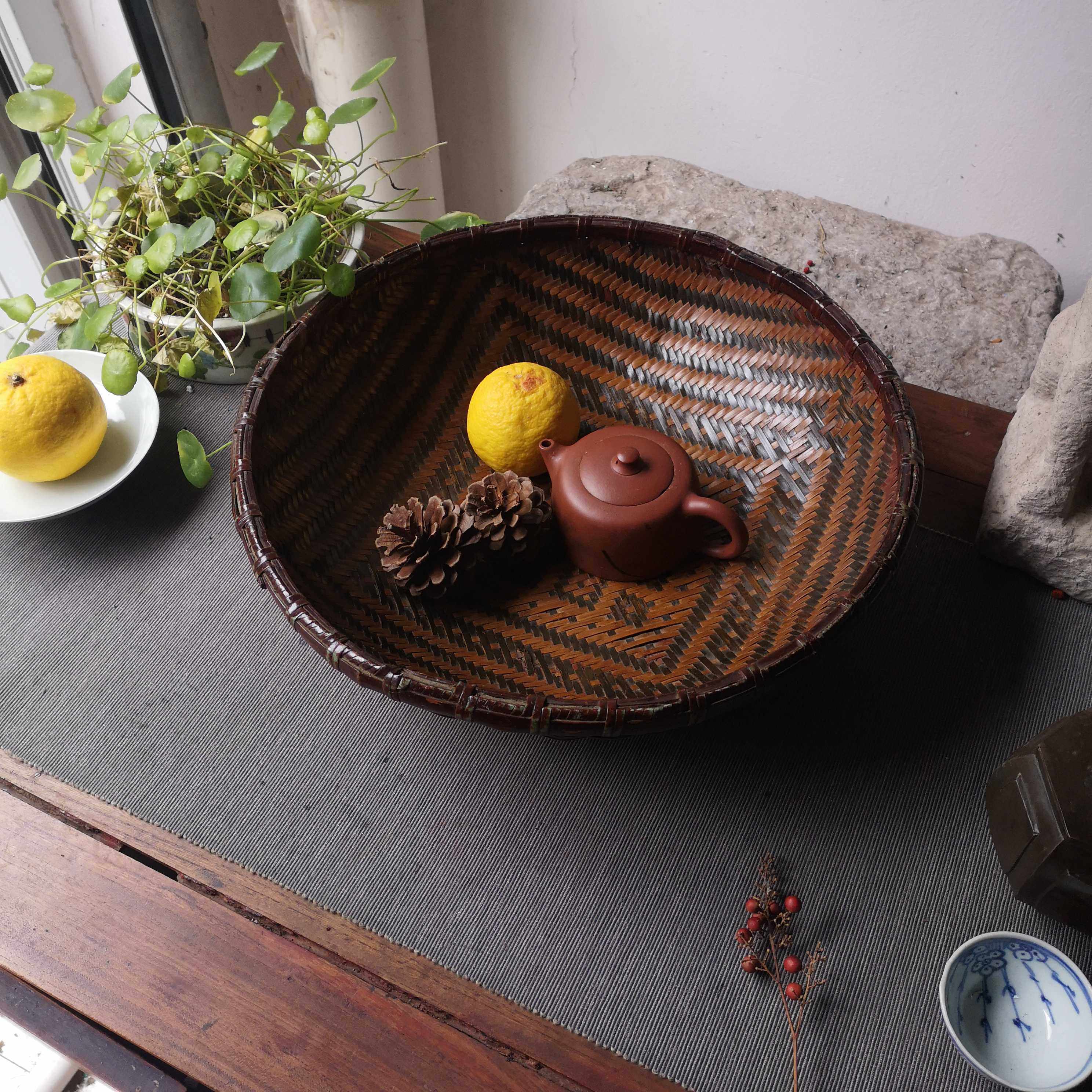 收纳江南摆件民宿茶室中式新中式古董物件筐篮摆件