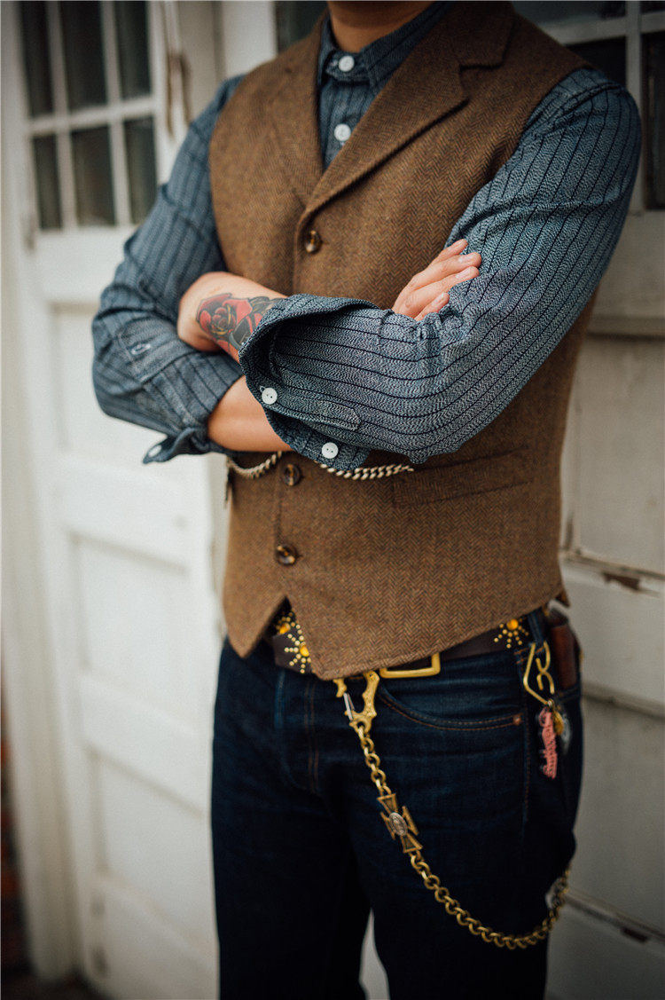 美式复古经典人字纹粗花呢马甲风格男装西装背心