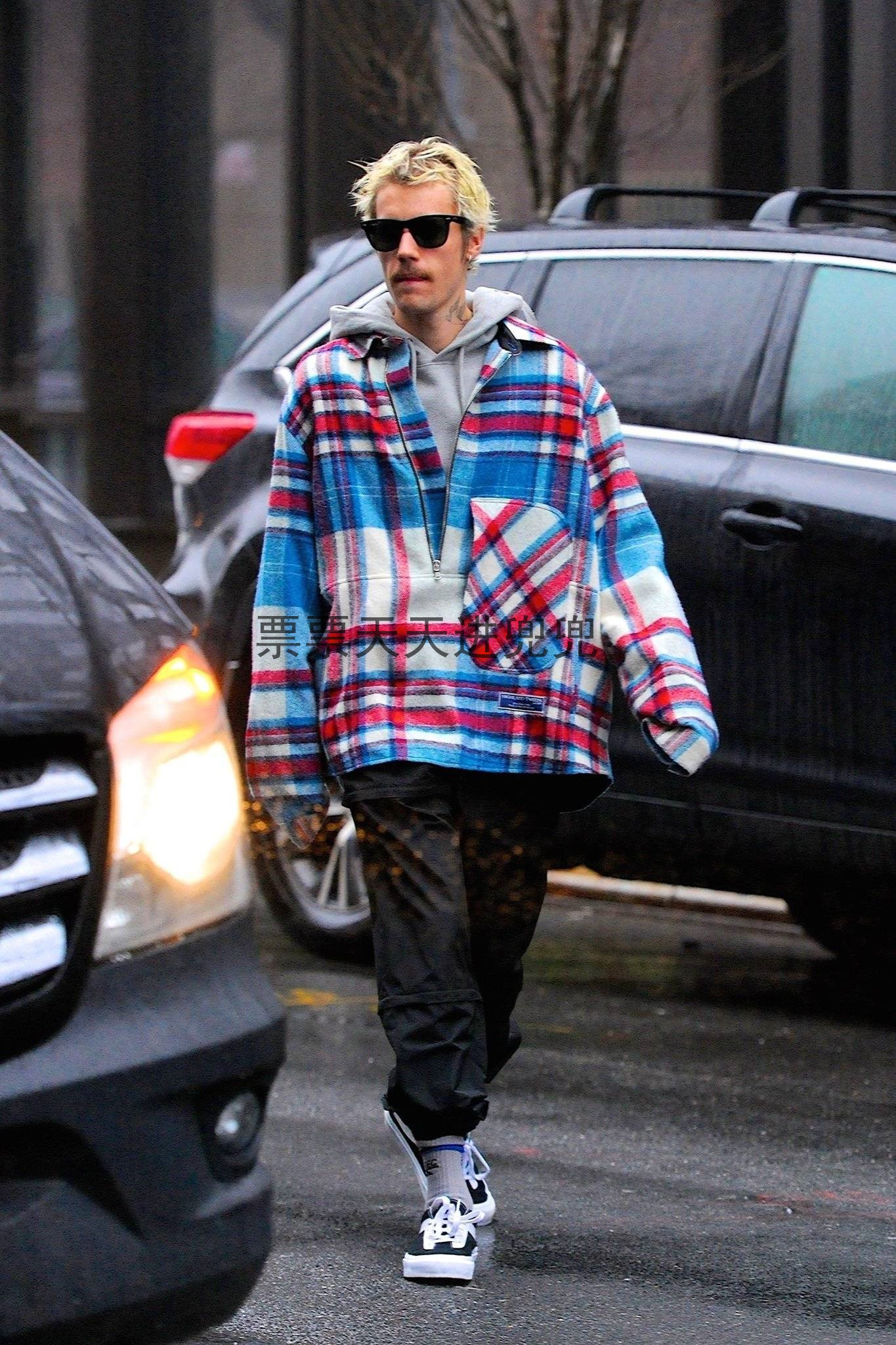 贾斯汀比伯同款毛呢外套justinbieber格子半拉拉链衬衣街头夹克