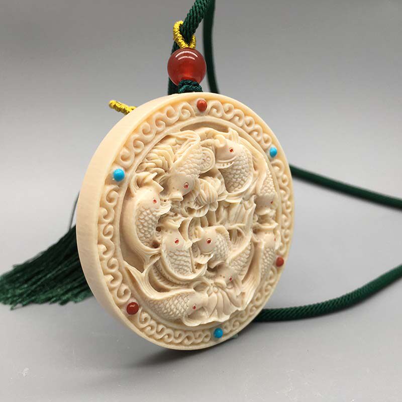 猛犸猛犸象象牙雕刻九鱼福圆吊坠项坠挂件牙雕项坠