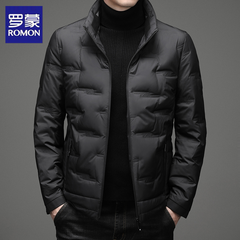 罗蒙男士羽绒服90白鸭绒短款立领纯色冬季保暖中青年商务休闲外套