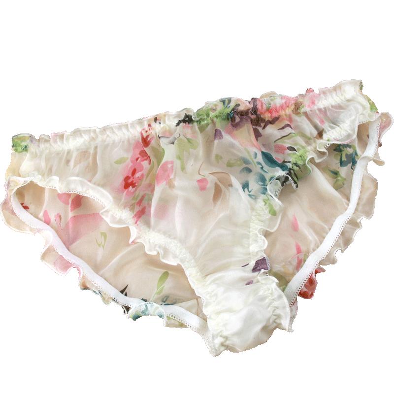 夏天超性感薄纱透气真丝内裤荷叶花边乔其纱女中腰大码透明三角裤