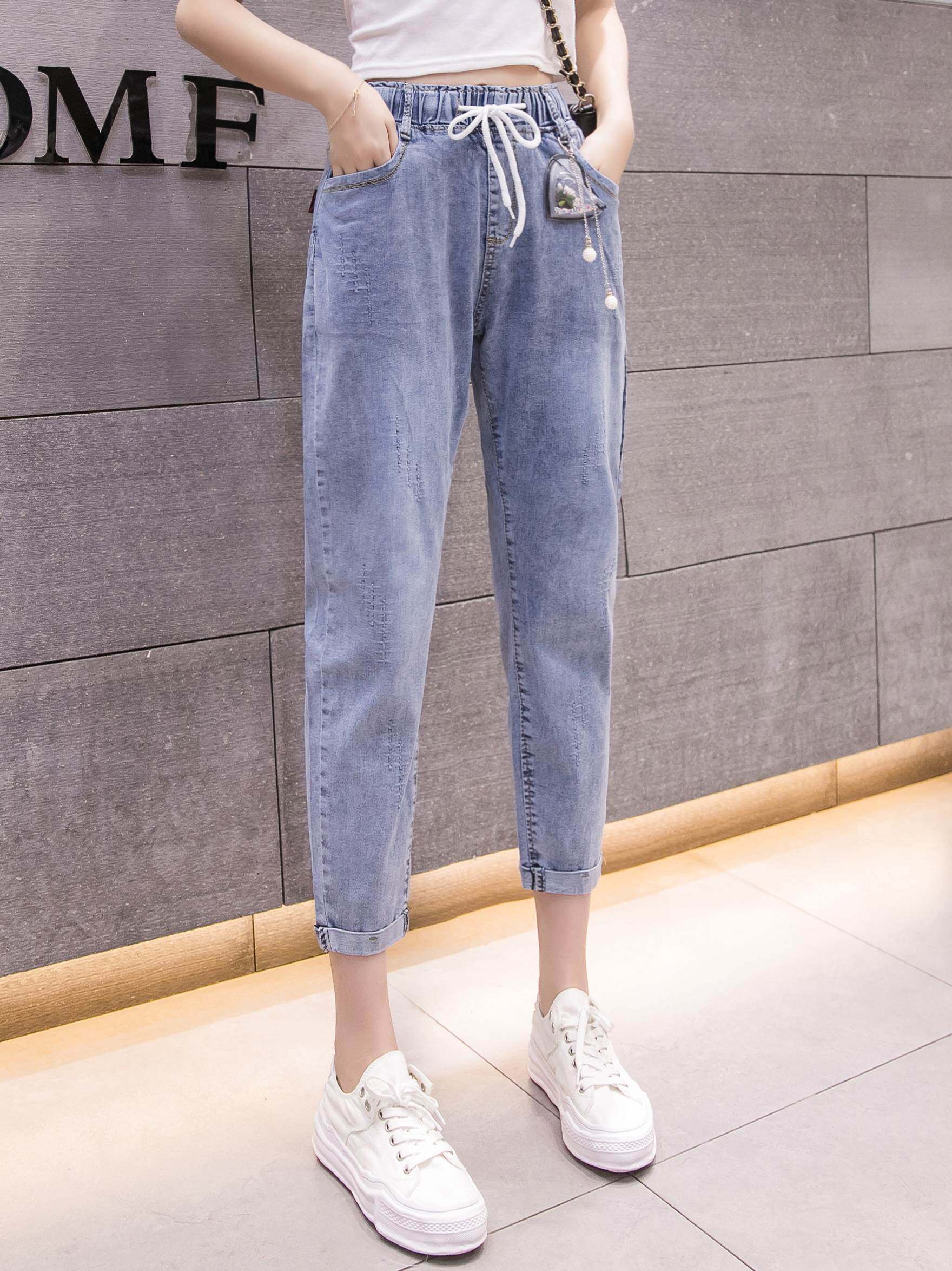 新腰弹力八分牛仔裤女夏款轻薄显瘦休闲哈伦高裤学生萝卜七分裤潮