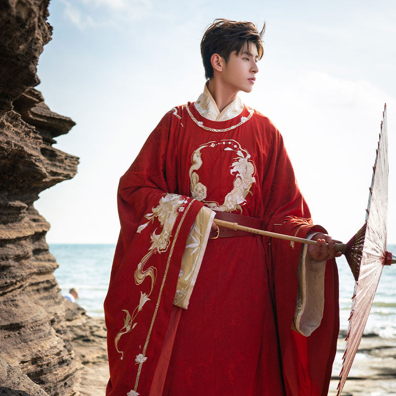 十三余圆领服男宋制汉革带玉牌领衫袍交小豆宋圆领汉服