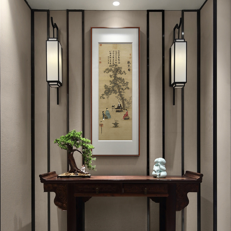 挂画中式现代新玄关装饰画过道走廊入户门竖款听琴