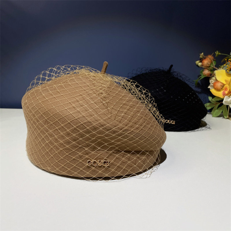 欧美名媛复古网纱硬顶贝雷帽优雅羊毛画家轻奢帽子