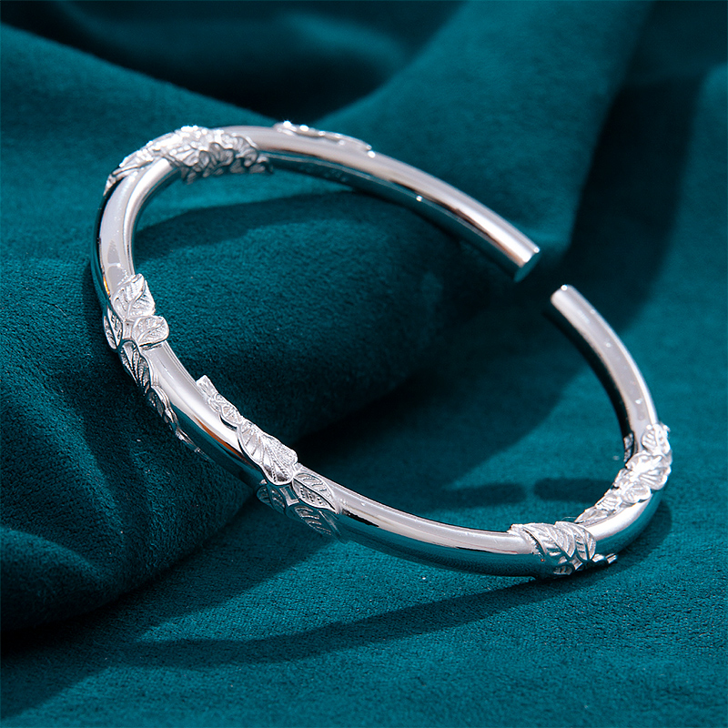 卡蒂罗999纯银手镯女时尚个性森系冷淡风不褪色银镯子生日礼物