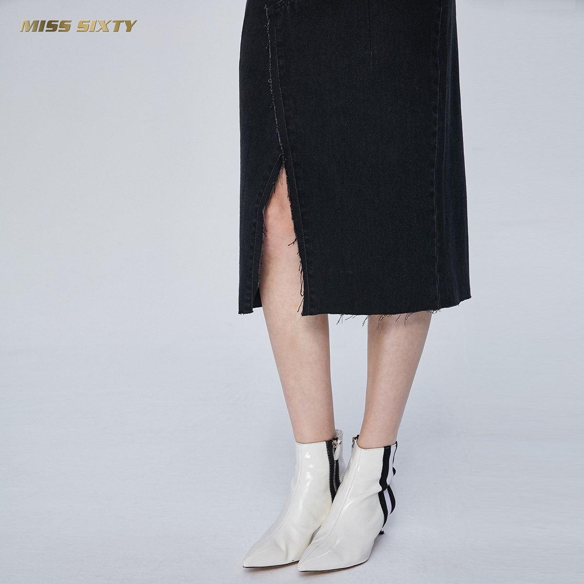 misssixty秋季一步裙子高腰牛仔裙黑色半身裙女半身裙