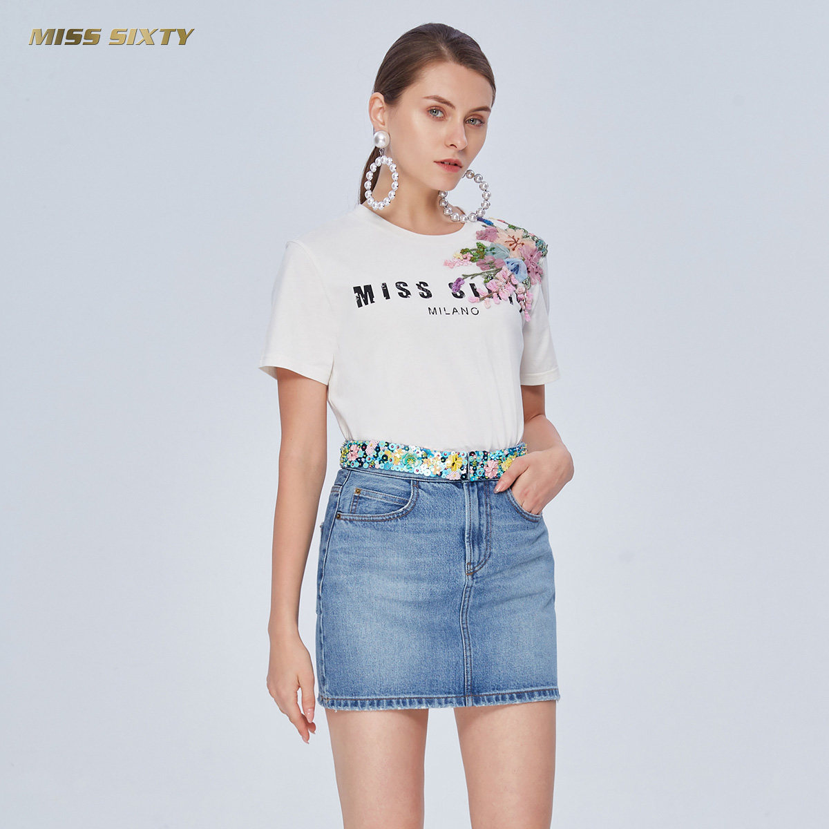 2件75折misssixty秋季钉珠亮片字短裙子牛仔裙半身裙