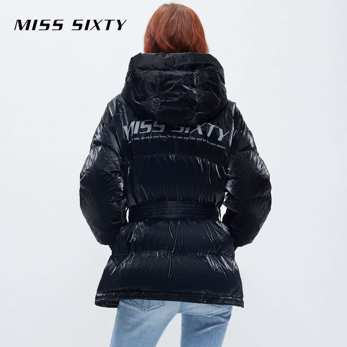 misssixty羽绒服系带亮面材质字母中长外套羽绒服