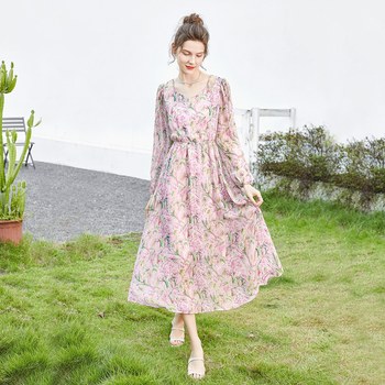 Shechi floral dress 2024 spring new women's sweet long-sleeved lady a high-waist tea break mid-length skirt