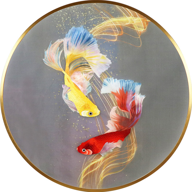 苏绣成品挂画荷花鲤鱼年年有余客厅餐厅中式圆形苏绣