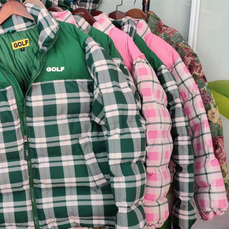 新款现货golfwang绿色格子火焰羽绒棉服男女羽绒服