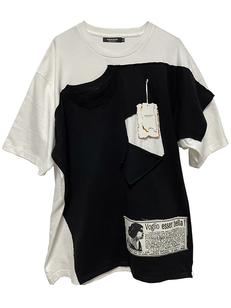 【TZ killer】21AW 黑白两件拼接人像英文贴布 男女宽松短袖T恤