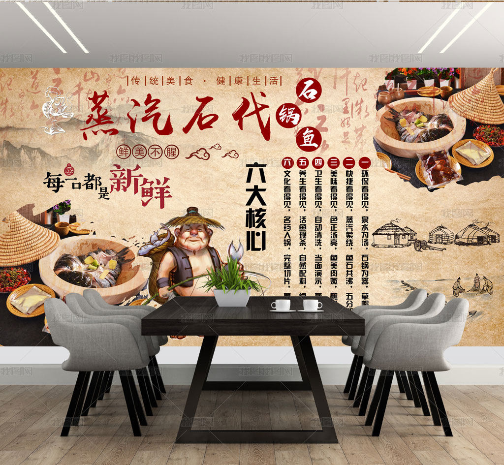 蒸汽石锅鱼海报贴纸贴画时代防水自粘墙贴壁画墙贴