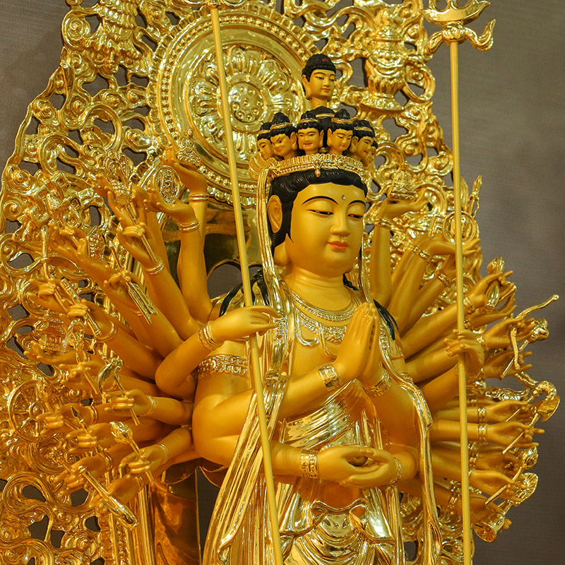 纯铜贴金千手观音菩萨佛像金童玉女组合供奉摆件善财摆件
