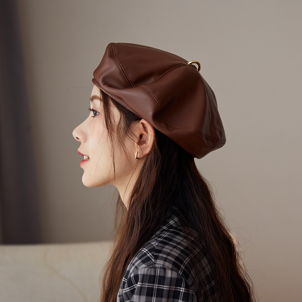 复古pu皮质画家帽韩版英伦纯色百搭贝雷帽女生帽子