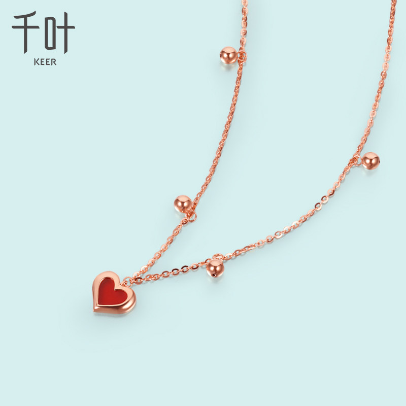 千叶珠宝18k金项链 纯心连连3链牌含链女首饰颈饰品心形表白礼品