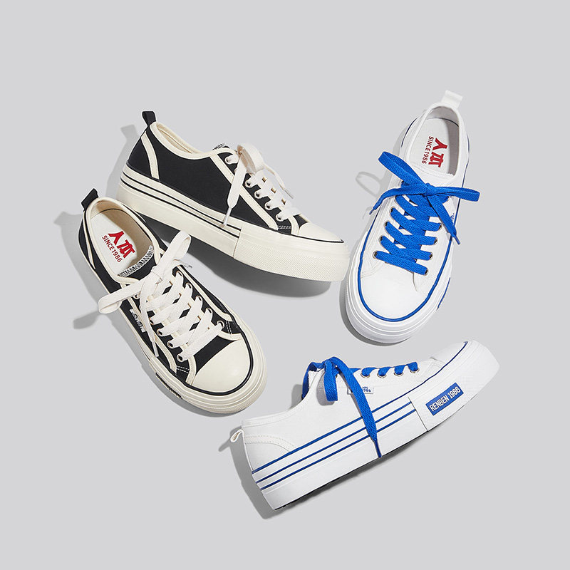 人本黑白休闲帆布布鞋女复古街拍爆款板鞋21827布鞋