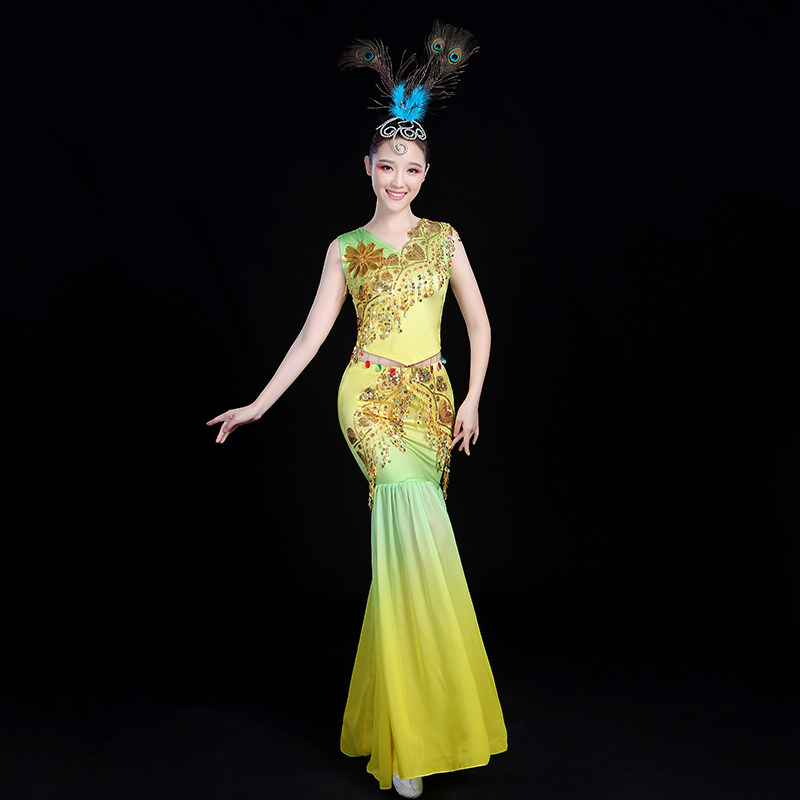 2018新款傣族舞蹈演出服民族表演服饰成人修身女孔雀舞服装鱼尾裙