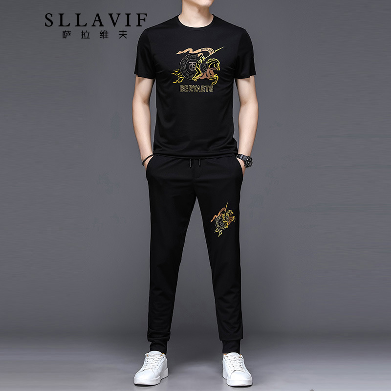 萨拉维夫品牌黑色短袖运动套装男夏季印花t恤中青年男士休闲男装