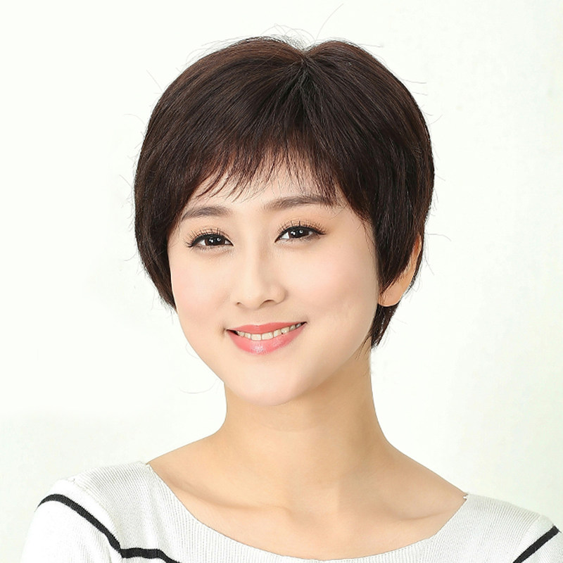 妈妈假发短发圆脸真人发丝短直发中老年自然逼真日常整顶假发