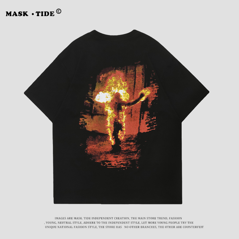 MASKTIDE夏装潮牌火焰人像短袖T恤男女街头美式炸街宽松半袖体恤