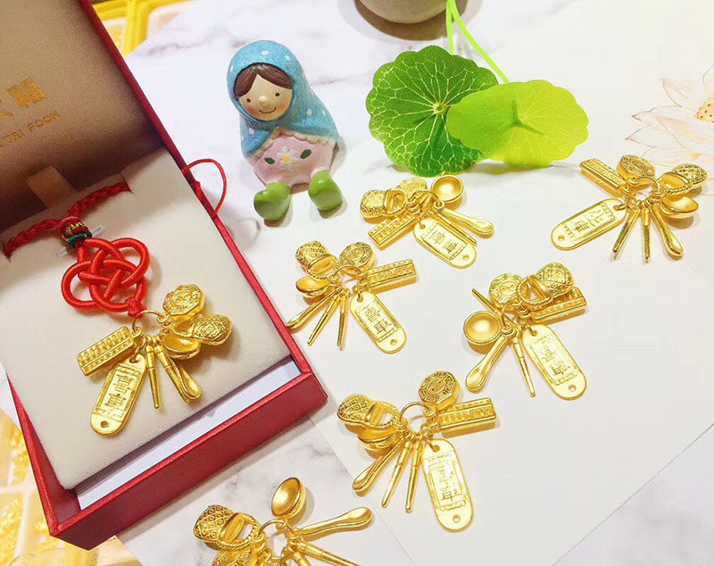 3d硬金黄金吉祥七宝吊坠项链足金999小金碗算盘吊坠手串儿童送礼