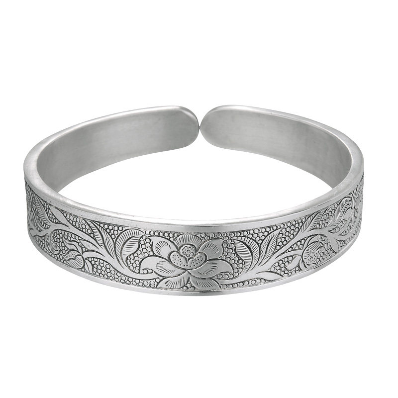 寸氏银 999纯银手镯 银莲花 手工纯银 老银匠 999足银精美浮雕  价格