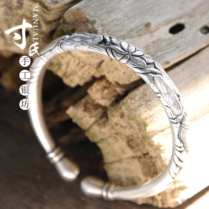 手镯寸氏银坊足银女莲花鱼银民族风镯子银饰长辈手镯