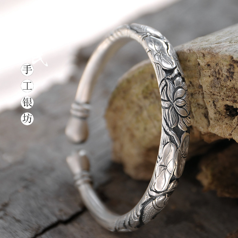 手镯寸氏银坊足银女莲花鱼银民族风镯子银饰长辈手镯