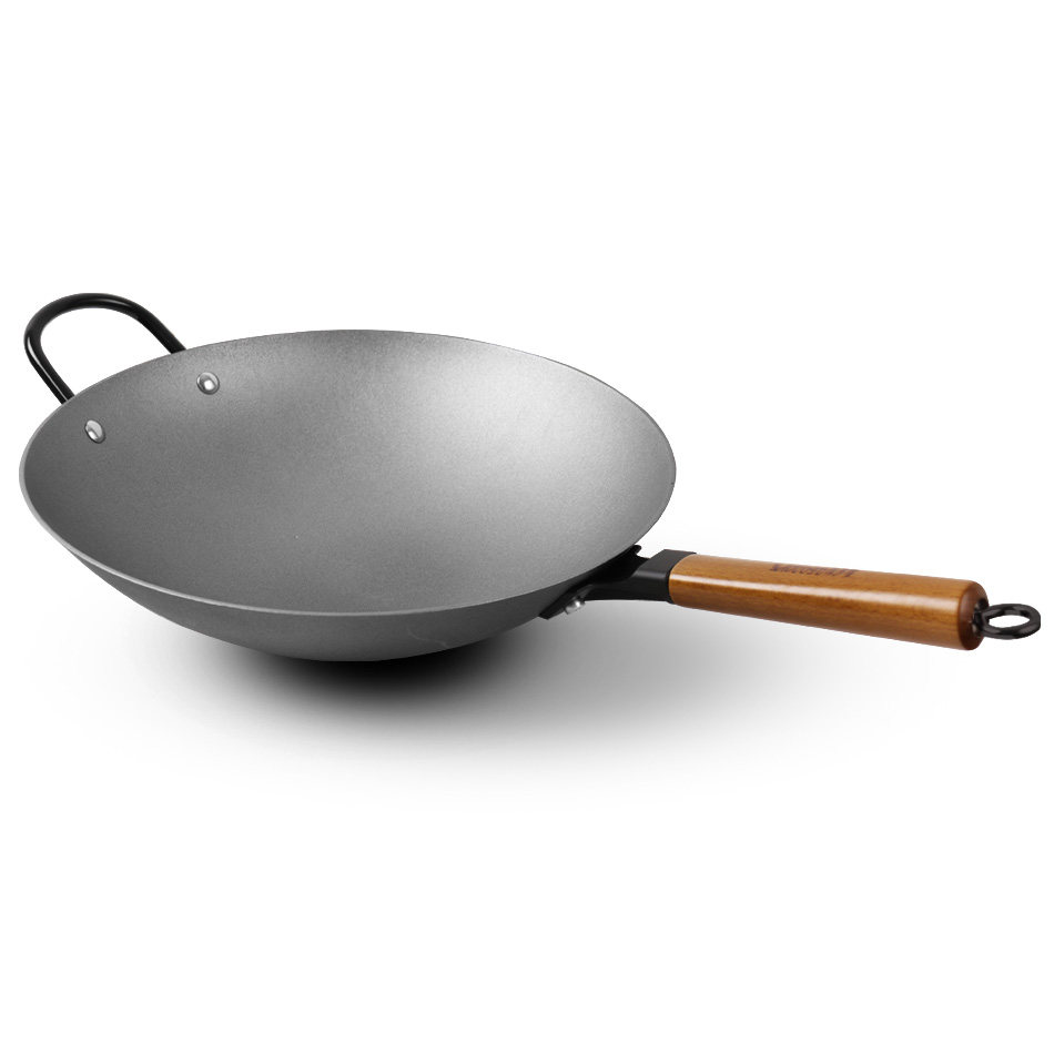 多福铸铁平底炒锅34cm单柄生铁圆底锅老式木柄炒锅