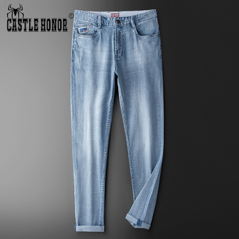 桑蚕丝牛仔裤男夏季薄款浅蓝休闲英国皇冠直筒水洗宽松潮流长裤子