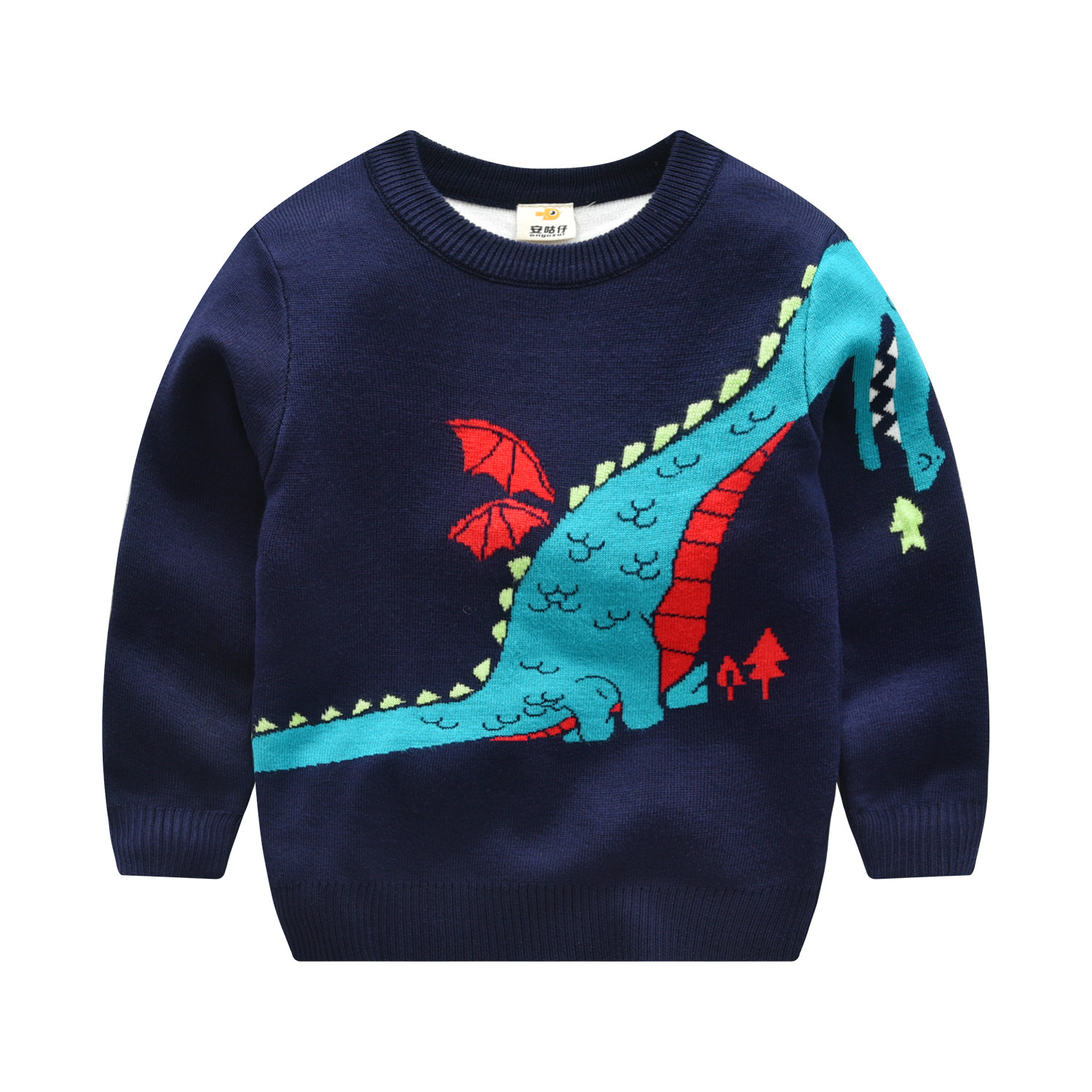 男童宝宝恐龙圆领套头儿童保暖毛衣秋冬季新款韩版加绒加厚针织衫