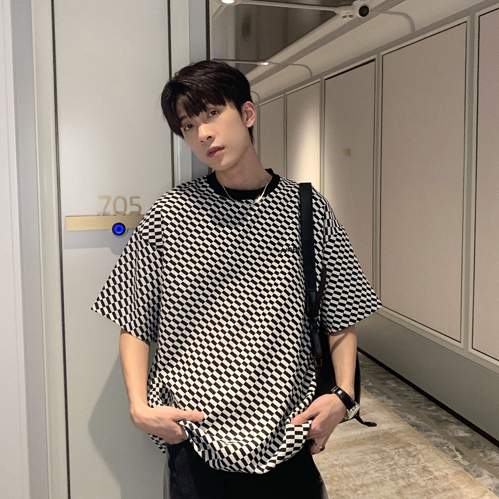 Hualun夏季百搭黑白格子T恤男短袖2022新款潮流设计感小众体恤男