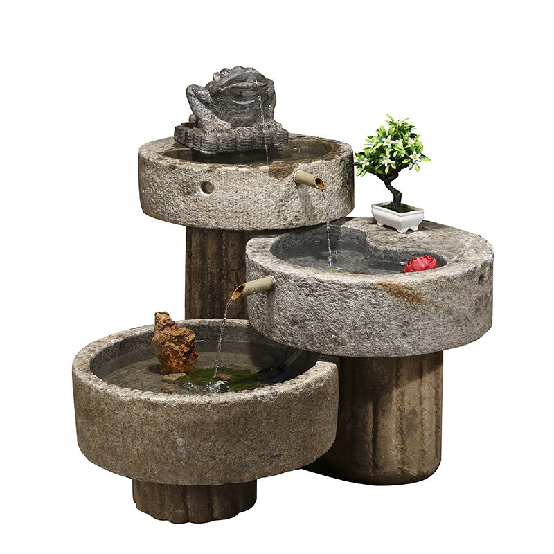 石磨流水摆件金蝉招财石头鱼缸户外庭院水景石雕