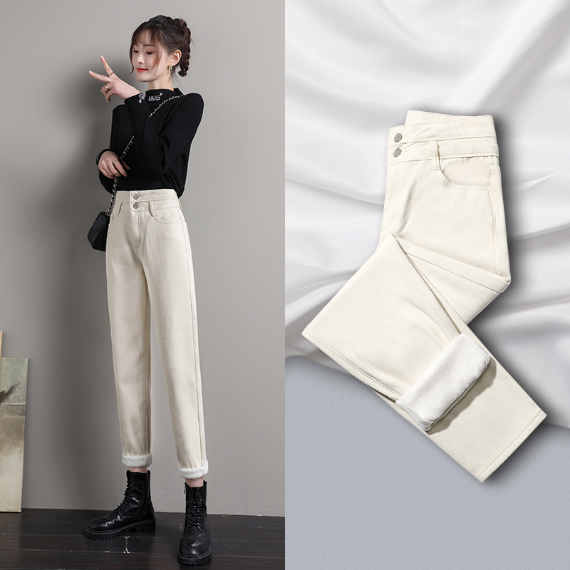 米白色牛仔裤女秋冬季2021年新款宽松高腰显瘦萝卜老爹加绒裤子女