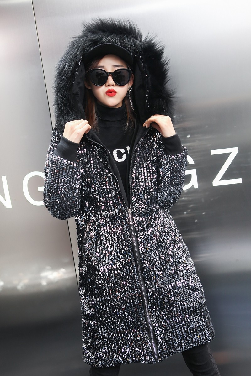 欧洲站羽绒棉服亮片中长休闲显瘦棉袄连帽大毛棉衣