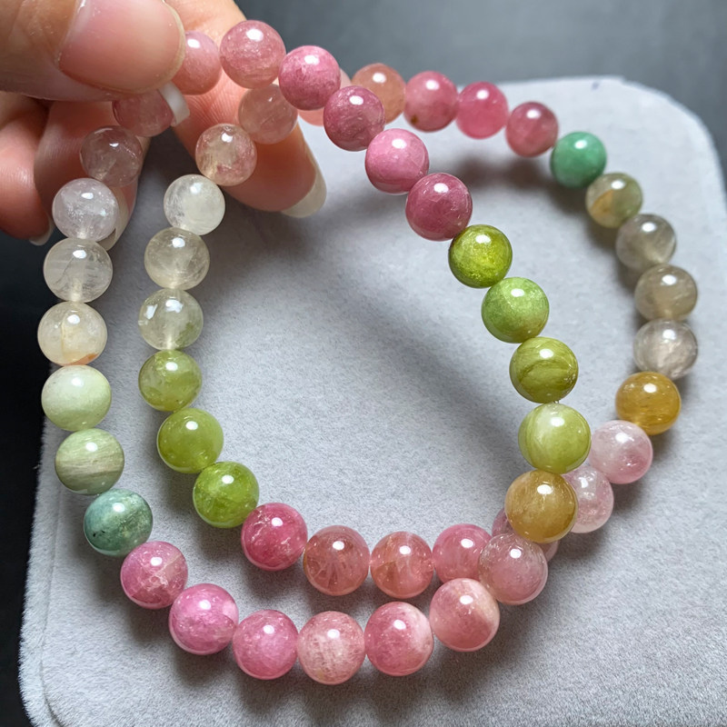 天然马卡龙碧玺单圈手链女彩虹糖果色西瓜碧玺彩宝水晶饰品礼物