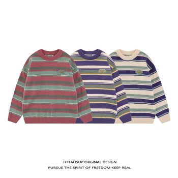HTTAOSUP sweater oversize lazy style ຍີ່ປຸ່ນ retro ອາເມລິກາ striped ຄູ່ versatility sweater niche