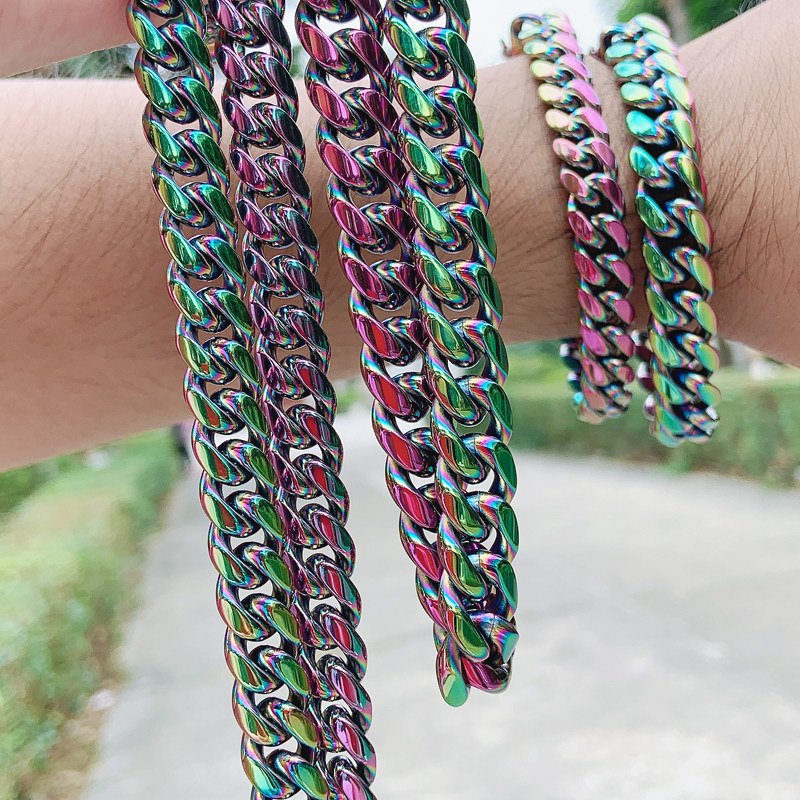 古巴新款淬火炫彩项链男女嘻哈幻彩彩色锁骨项链