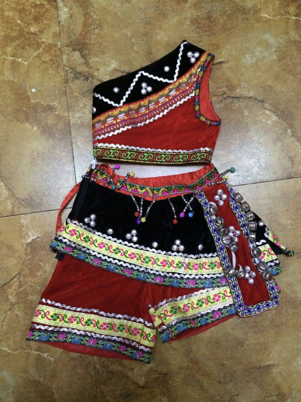 新款儿童佤族舞蹈服装 傣族花腰花演出服装 佤族甩发舞蹈演出服女